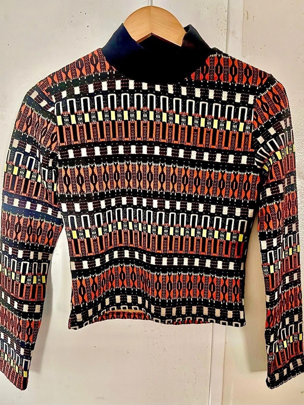 Zara Geometric Jacquard Mock Neck Sweater Geometric Cropped Sweater in Black &